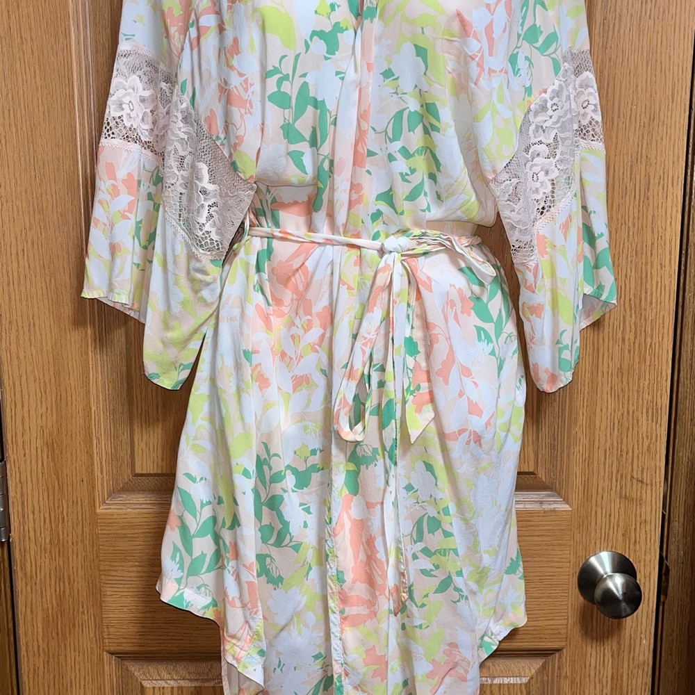 Adore Me Floral Kimono Robe with Lace Trim